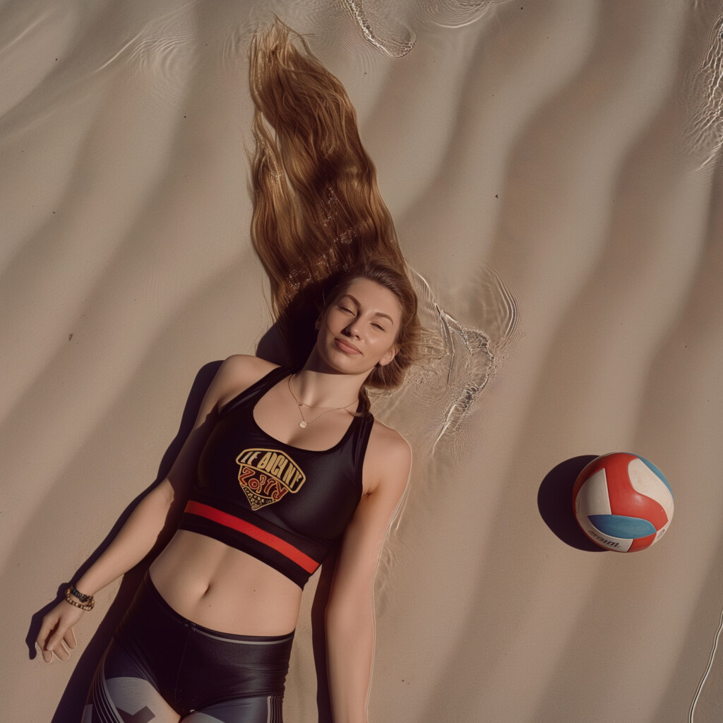 Grace Cleveland with hair in tide on the beach