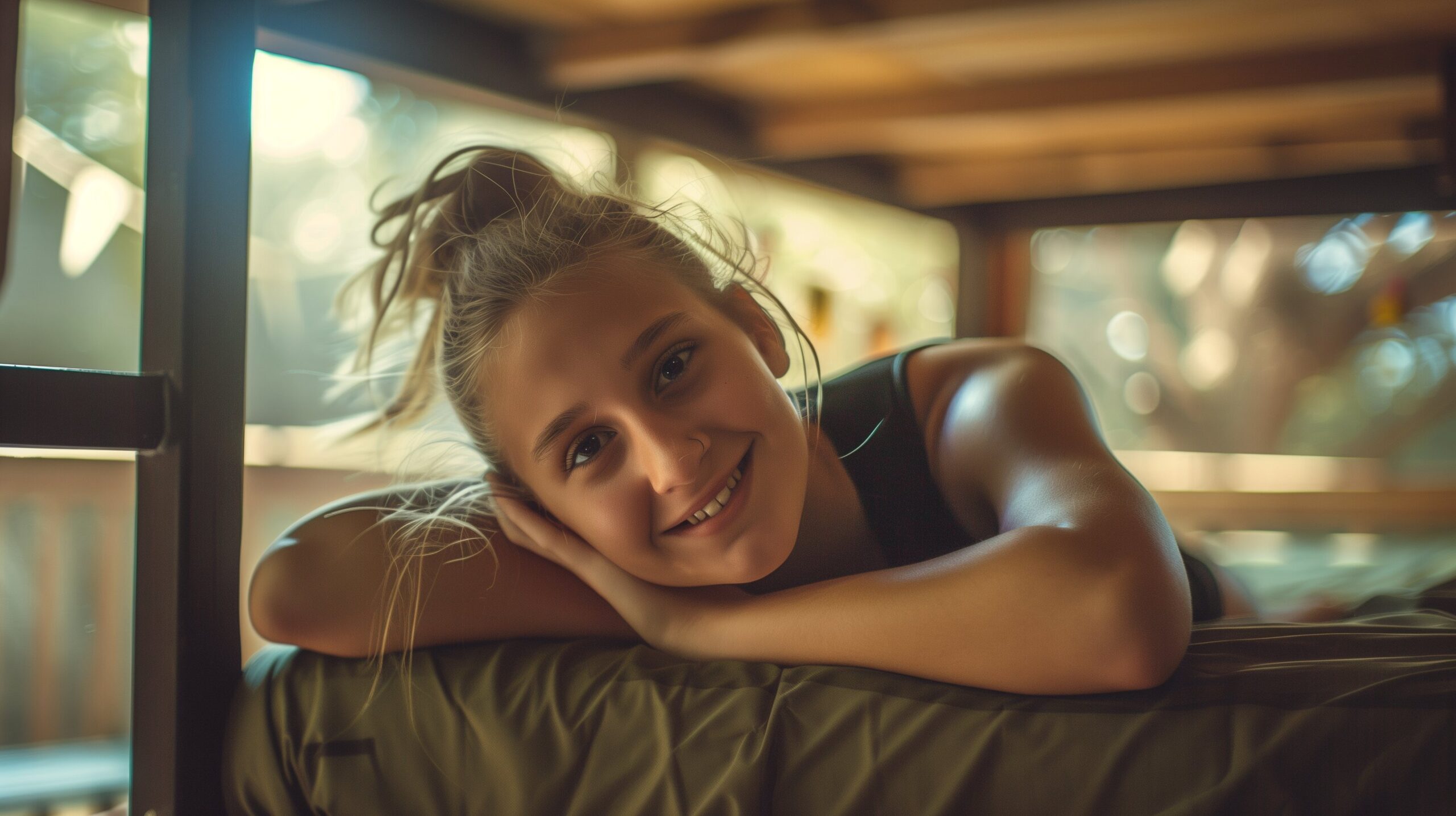 Grace Cleveland laying on cottage bed, hair in bun