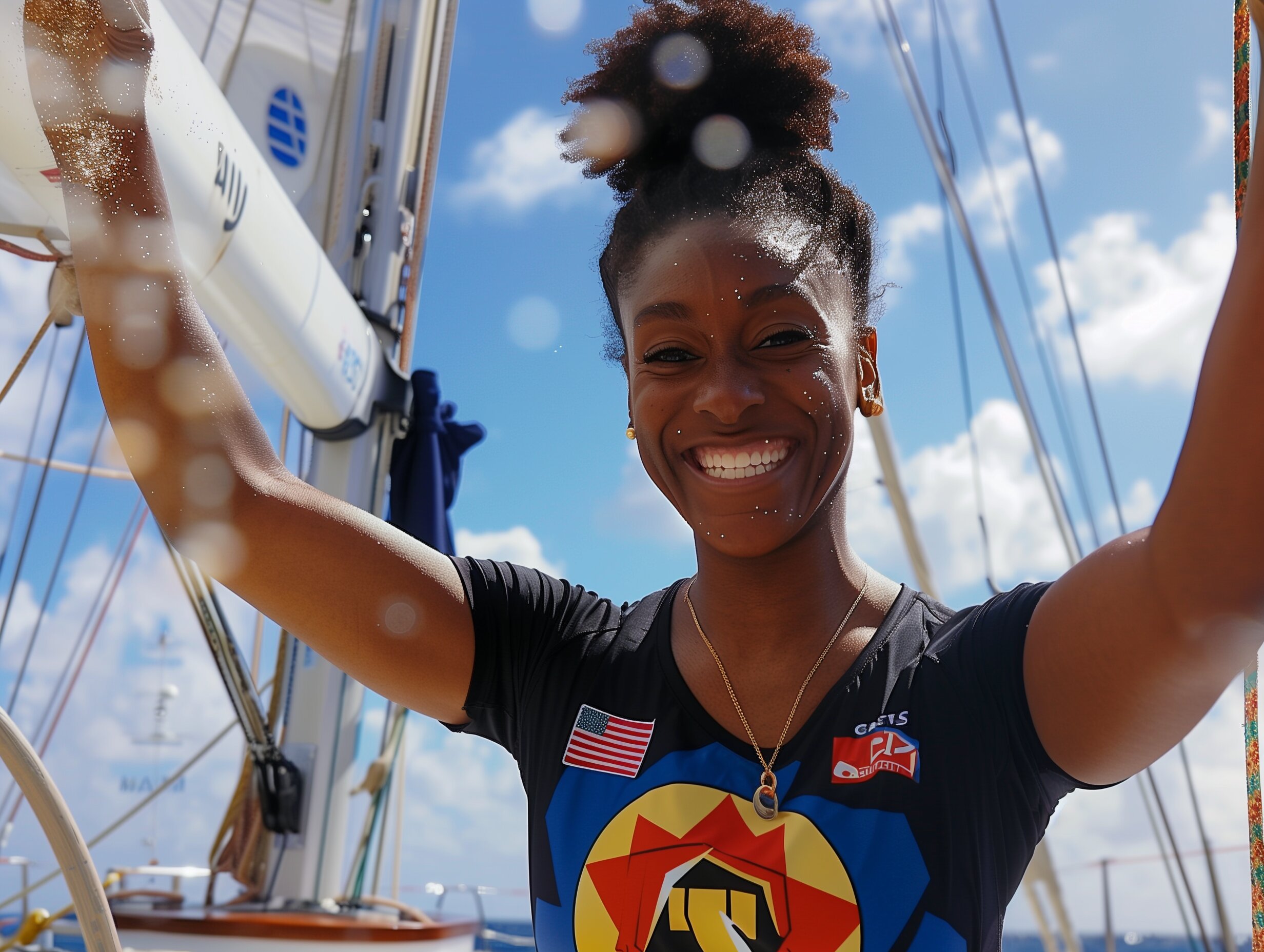 Karis watson throwing glitter on bow of sailboat, volleyball jersey
