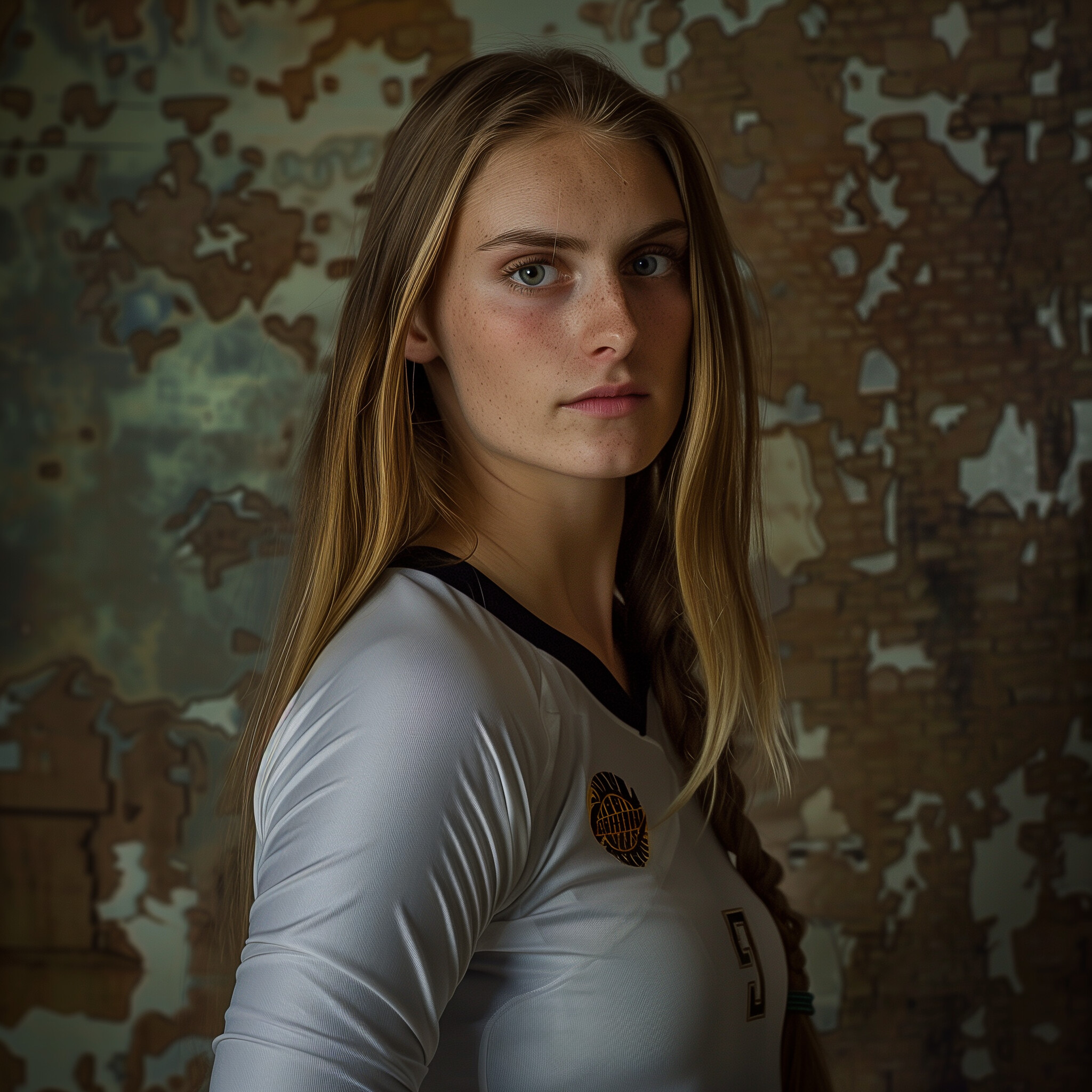 Maggie King volleyball Omaha Supernovas uniform, splotched castle wall