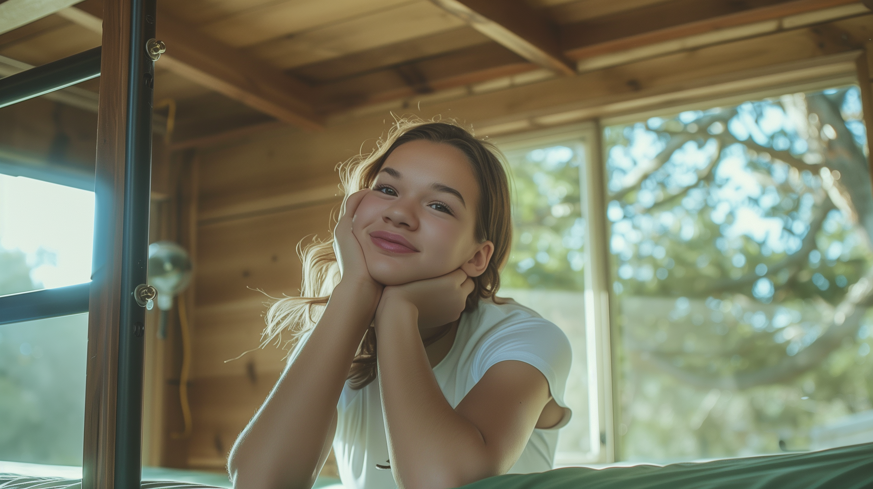 Mya Allen smiling in candid photo of rustic cabin