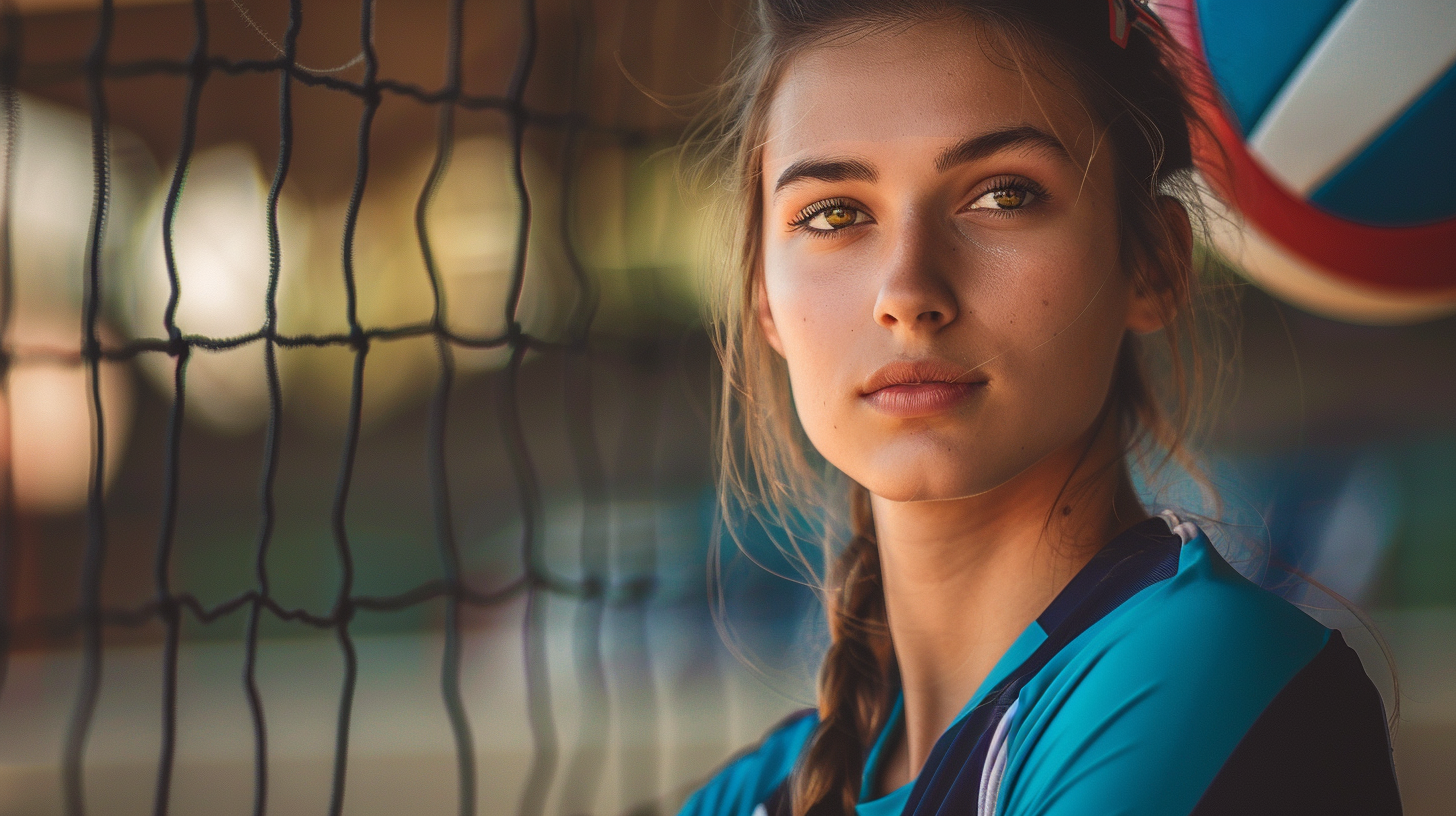 Is LOVB Love Volleyball, pro volleyball plyer poised in front of net
