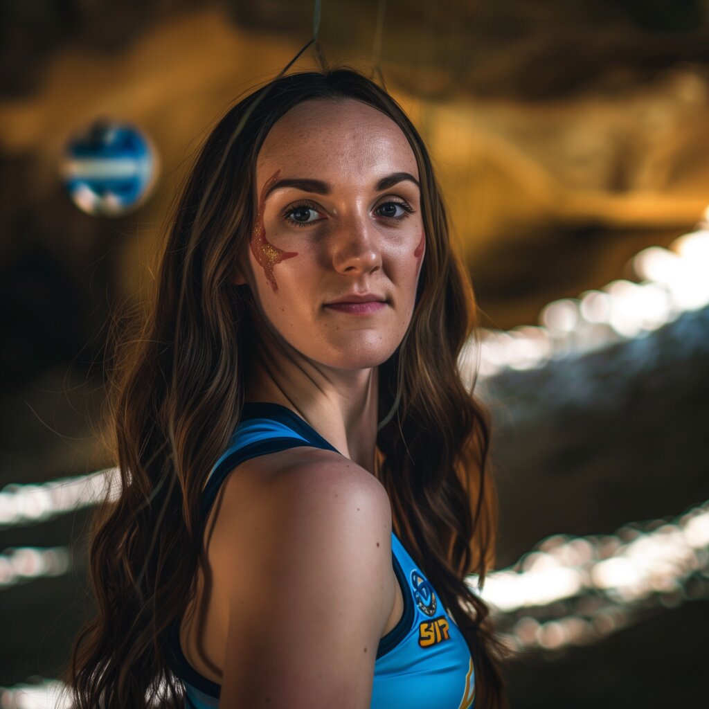 Abby Hansen in a cave with face paint, volleyball uniform