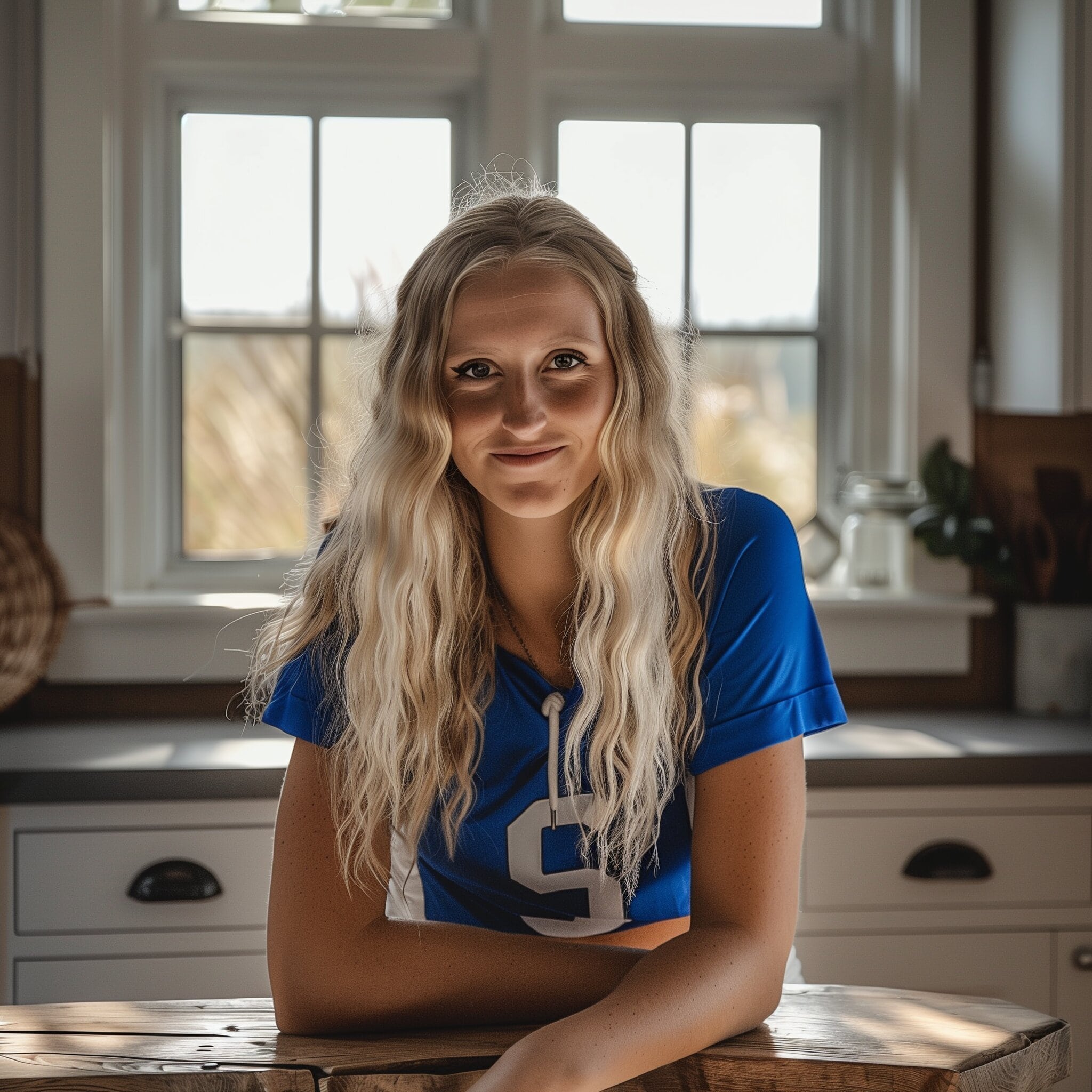 Erin Livingston pro volleyball in kitchen, soft light, flowing hair