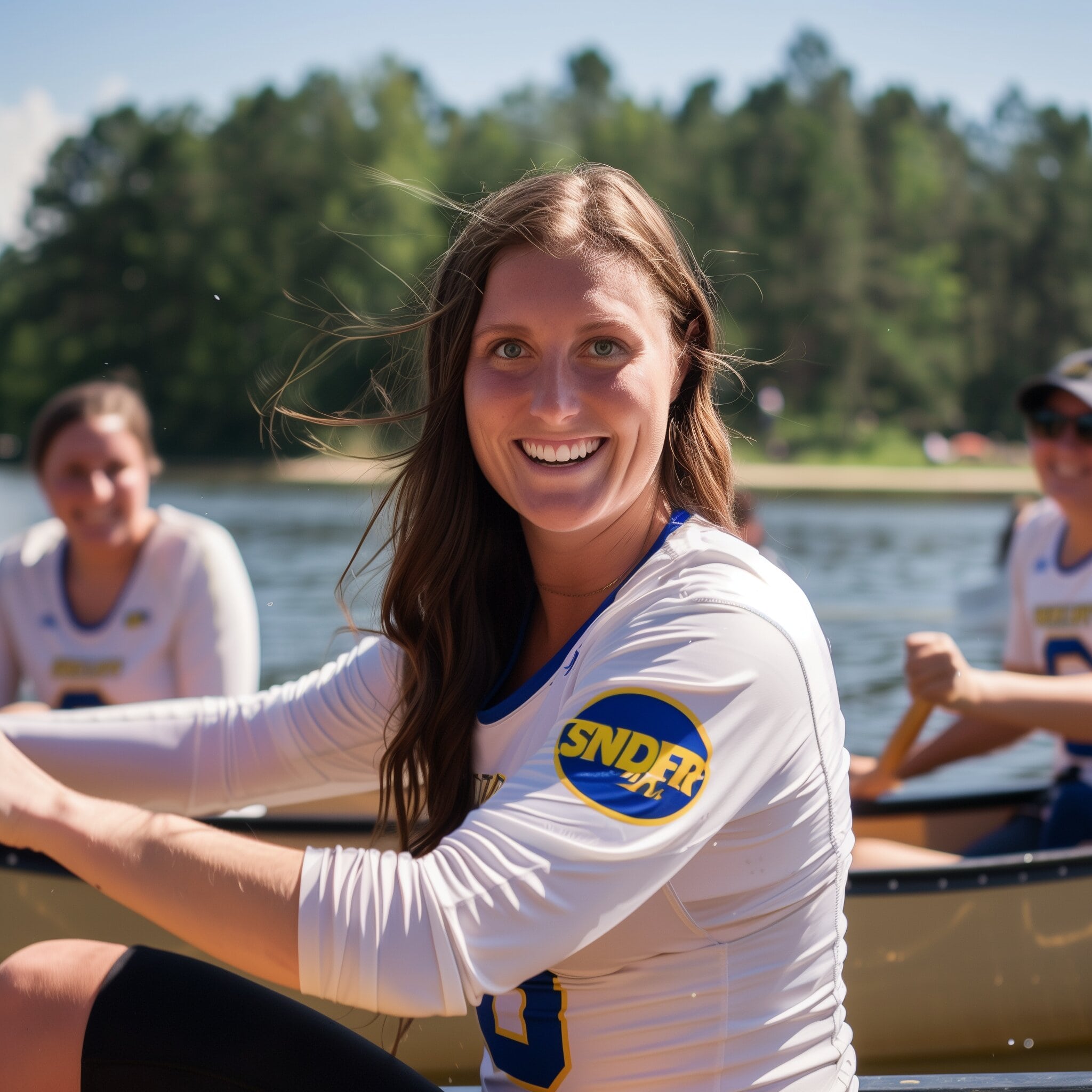 Grace Loberg in canoe, spikes the volleyball over the net, her powerful swing sending the ball soaring towards the opposing team's court