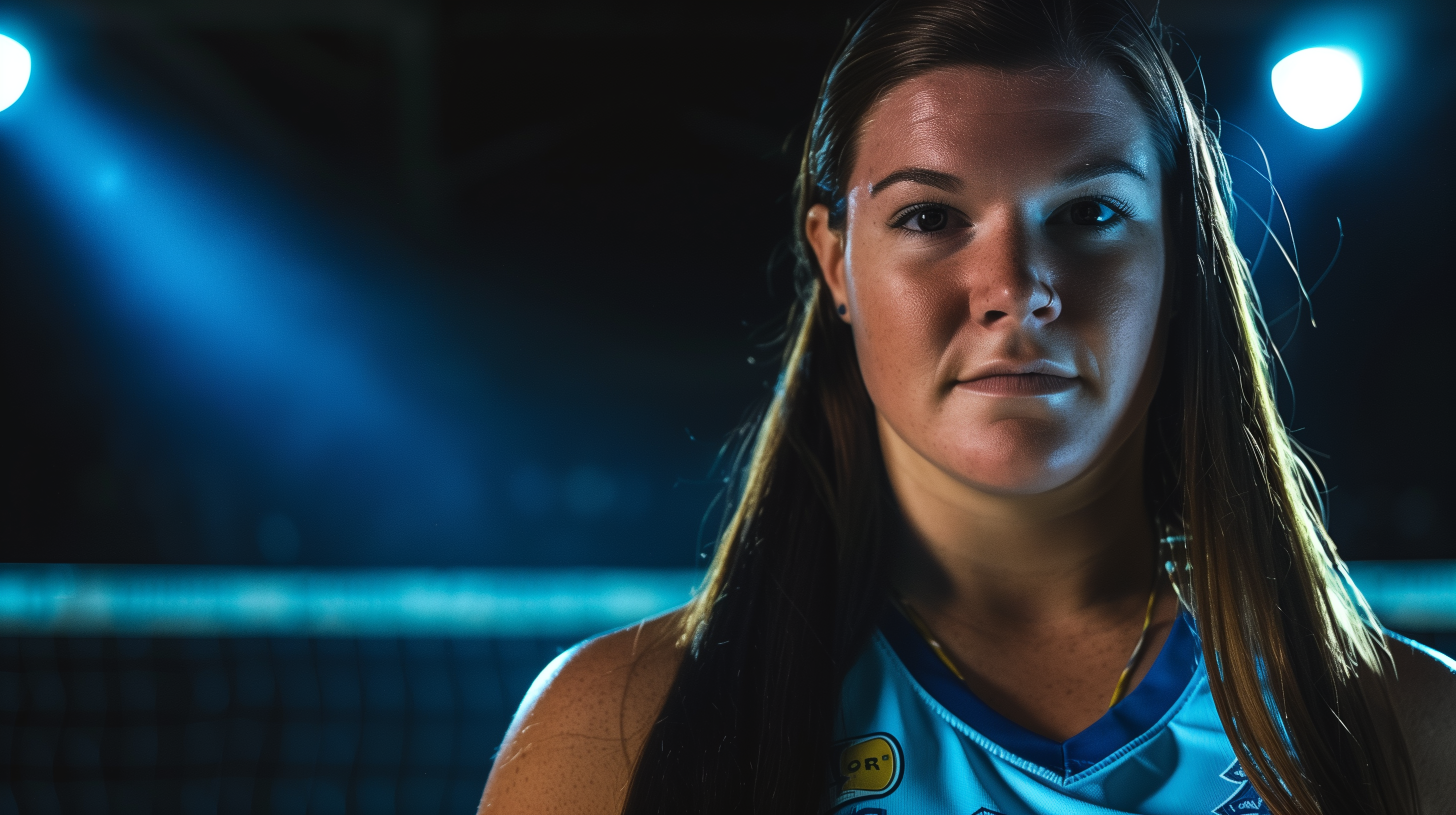 Carly Skjodt volleyball orlando valkyries outside hitter in blue light of match