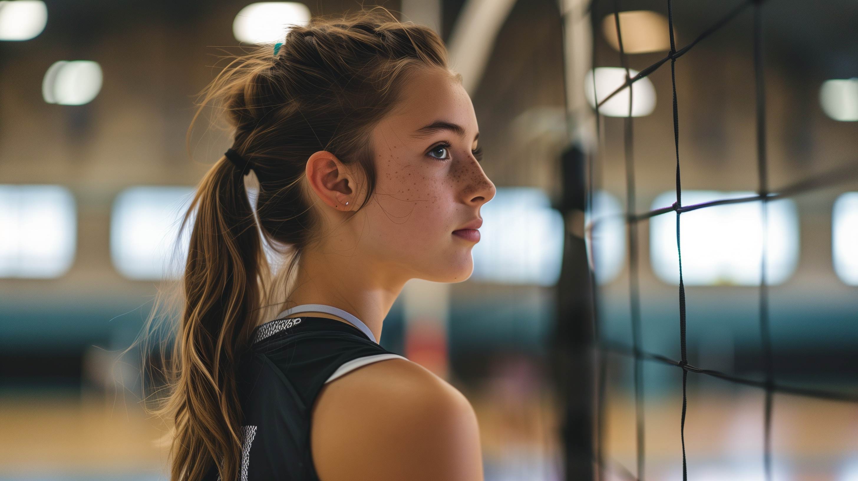 Volleyball libero position, photo of teen in front of volleyball net learning libero position