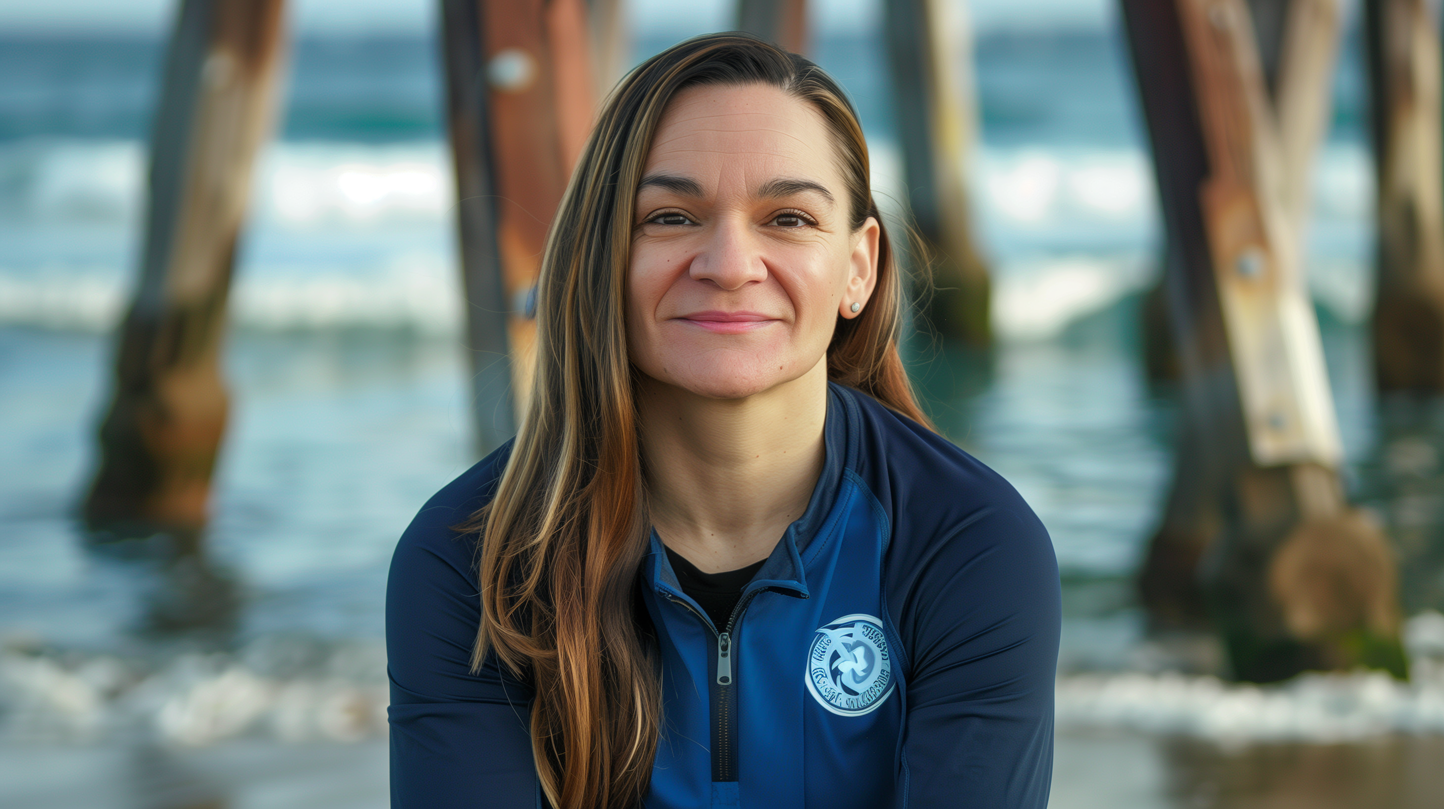 Amy Pauly Coach of Orlando Valkyries on ocean beach beside pier