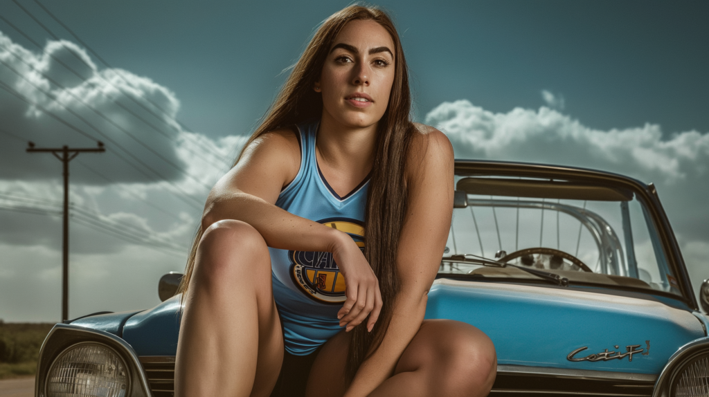 Georgia Murphy Volleyball on hood of classic car