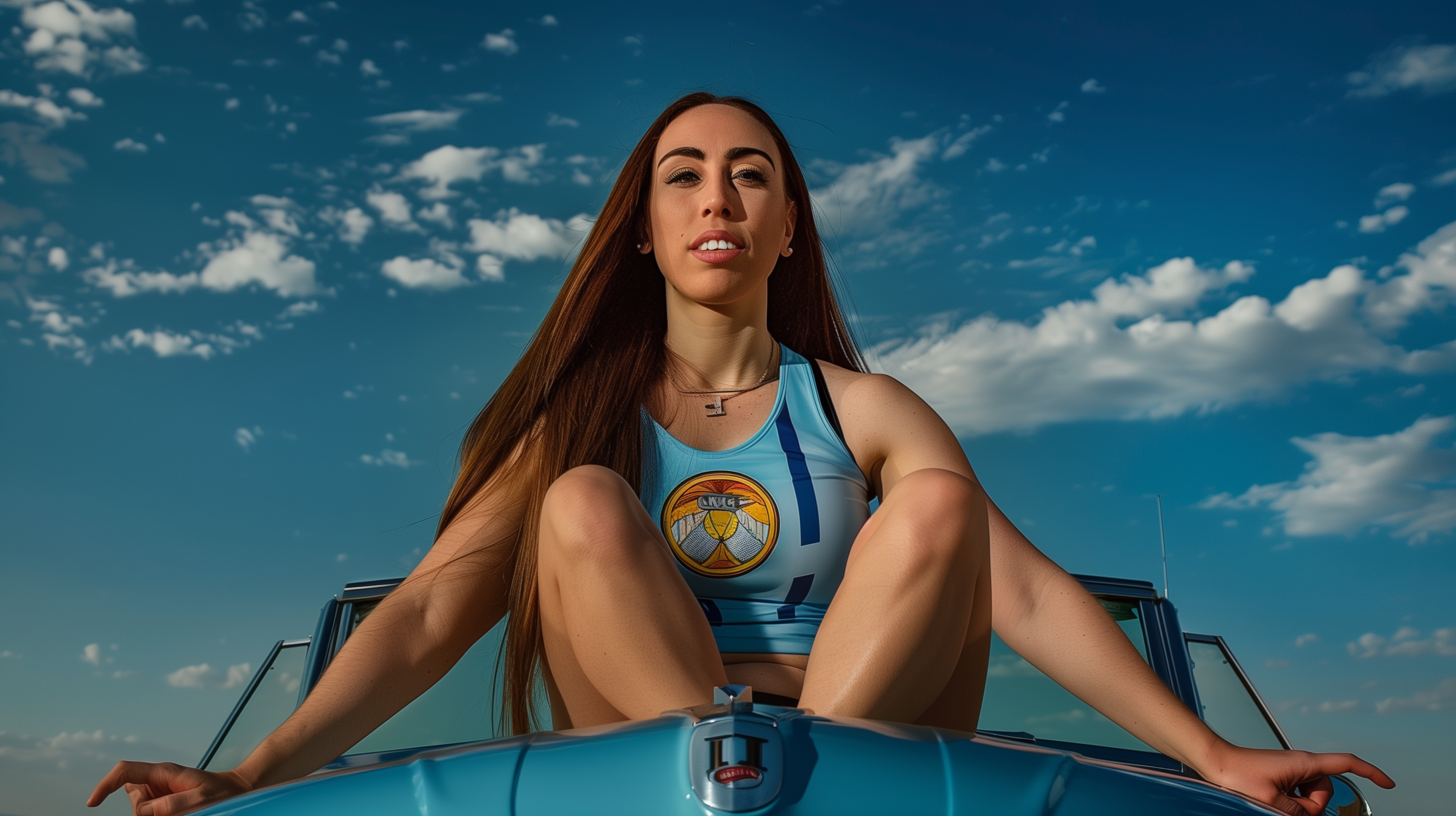 Georgia Murphy volleyball sitting on convertible hot rod