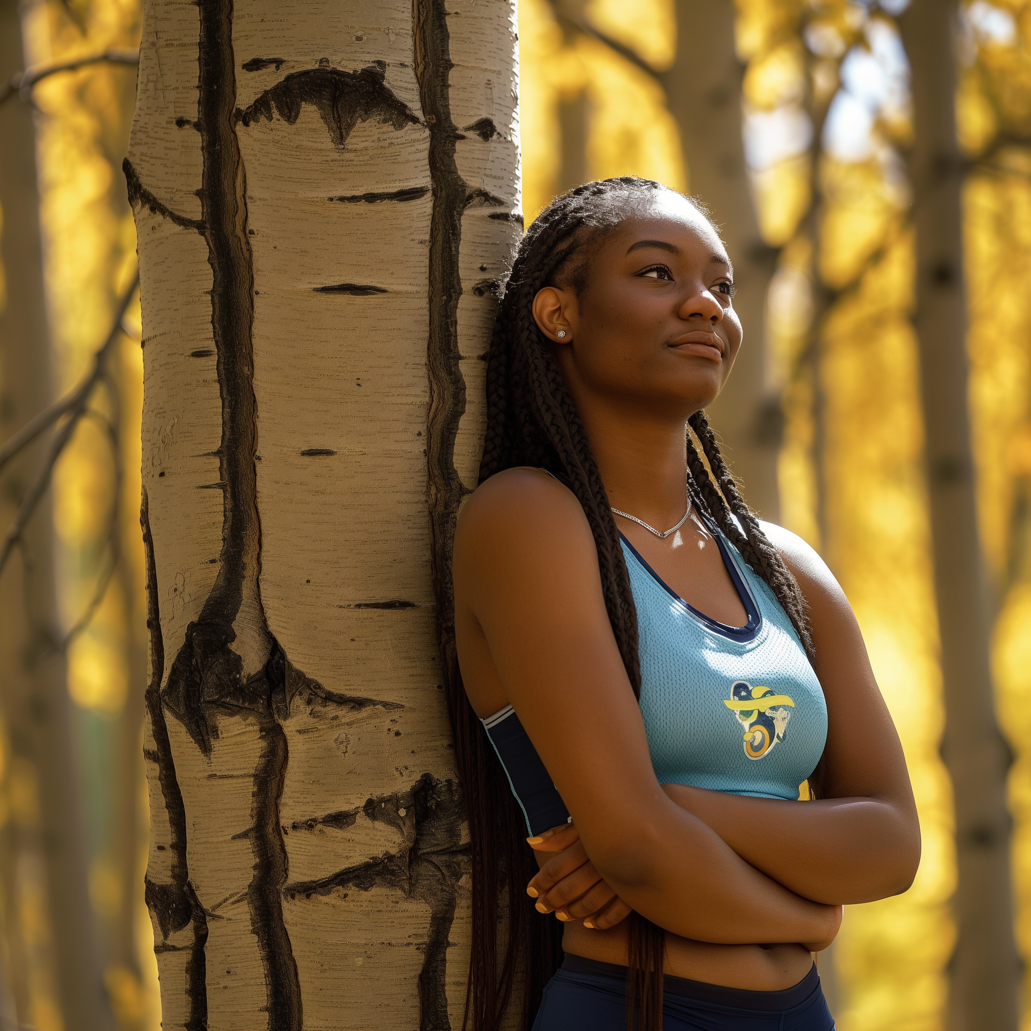 Azhani Tealer Orlando Valkyries volleyball beside aspen tree with yellow fall foliage