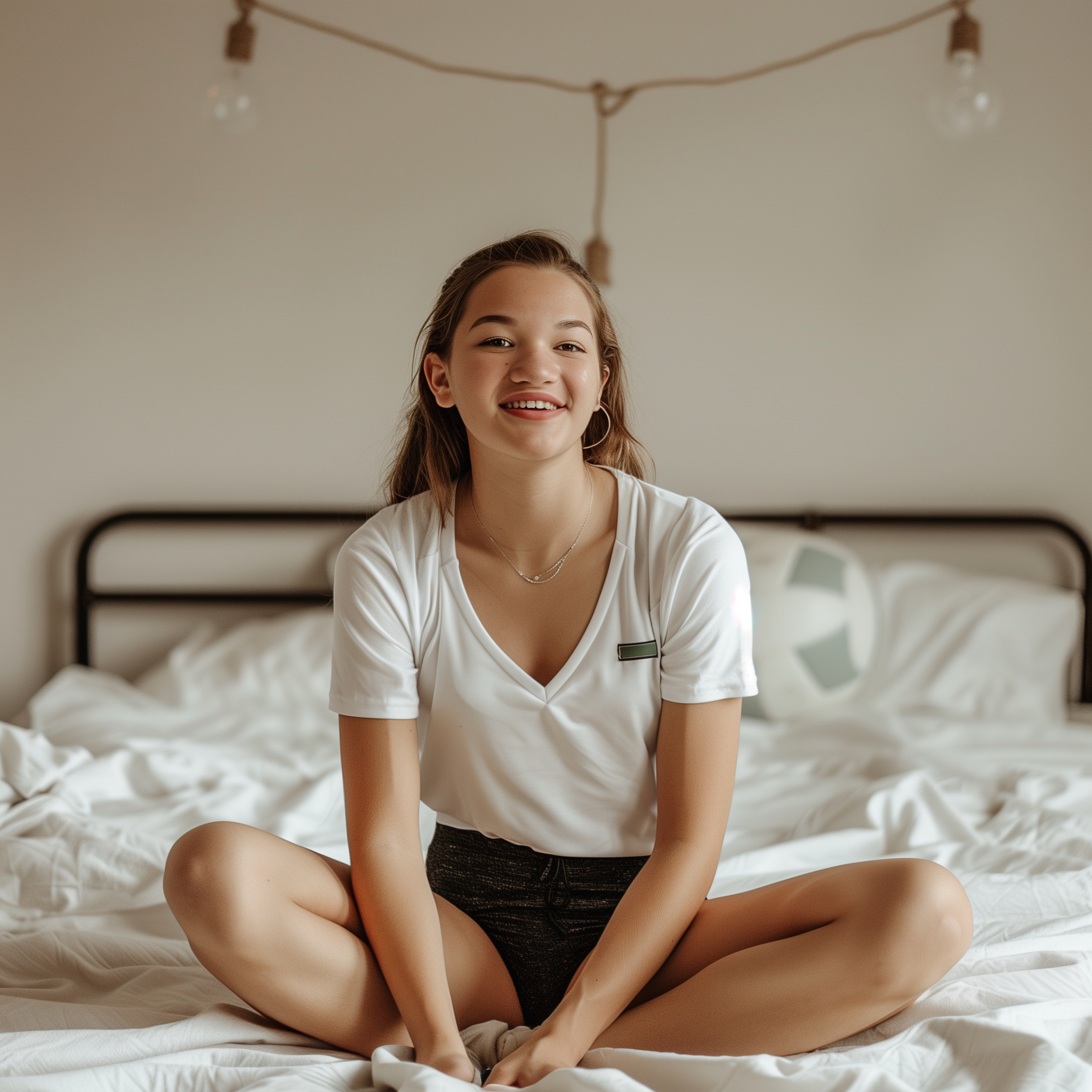 Mya Allen volleyball Reagan Senior candid in room, white bed, spare walls