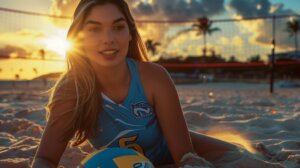 Paula Cerame volleyball libero orlando valkyries on beach with volleyball at sunset