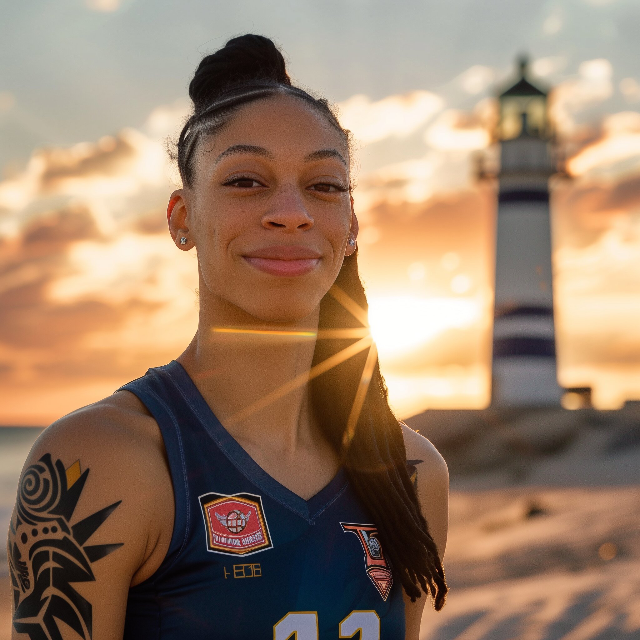Symone Abbott in front of lighthouse, sun on hair, cloudy sky