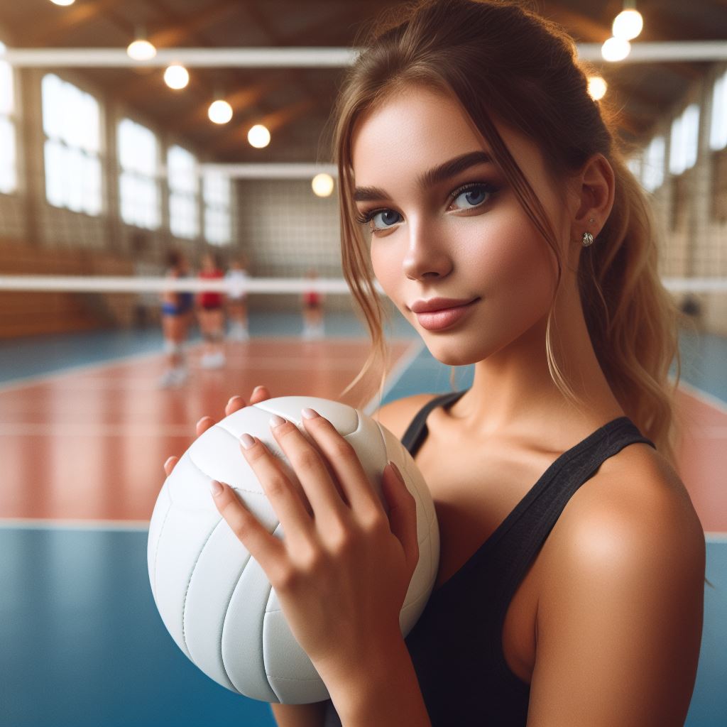 What is a B in Volleyball? with woman holding volleyball indoor court
