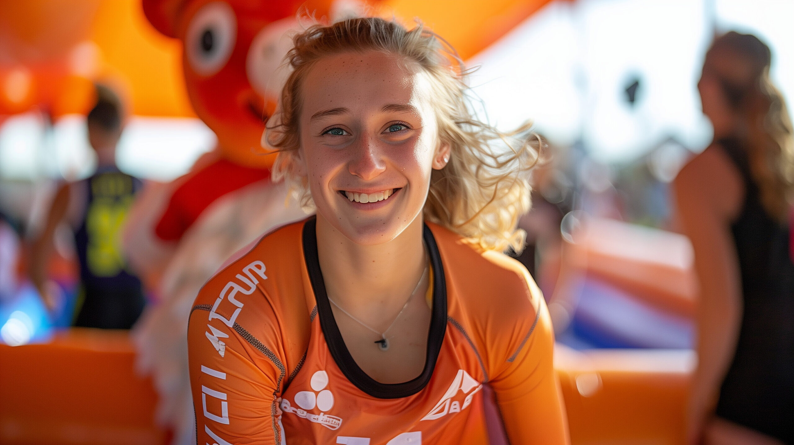 annie cesar lovb in inflatable bounce house