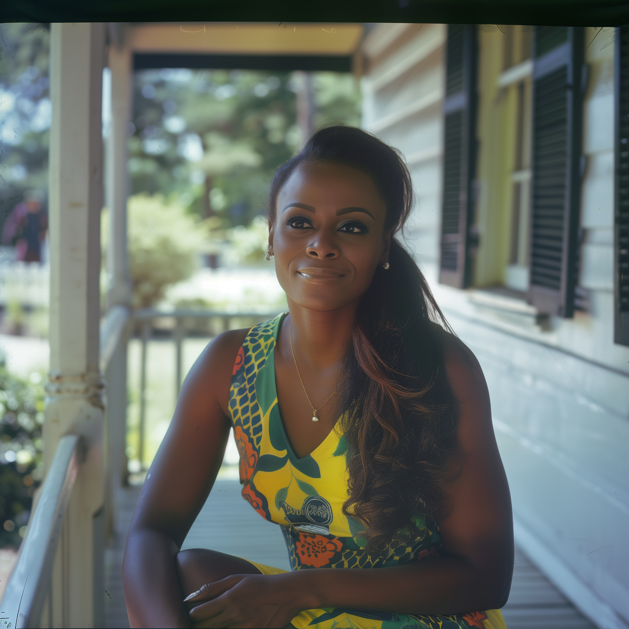 Claudiana Faubino resting on faded colonial porch, white paint