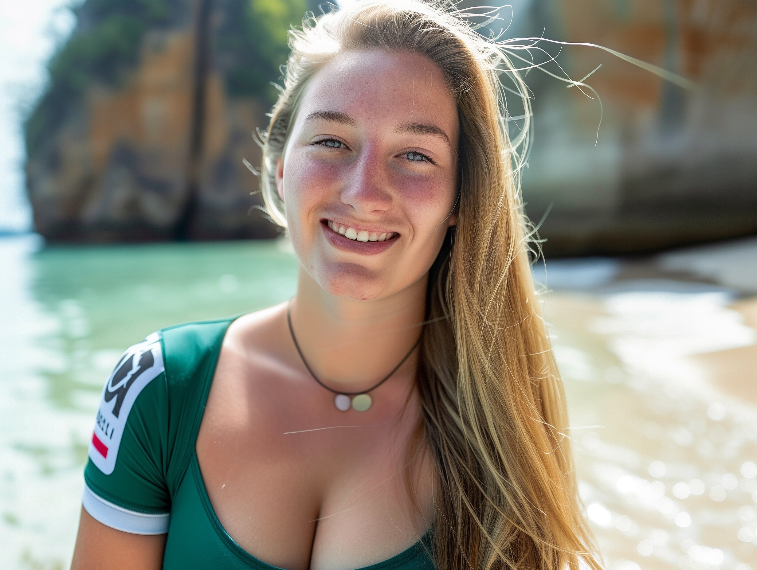 julia brown volleyball, LOVB beach, hair flowing, clear blue water