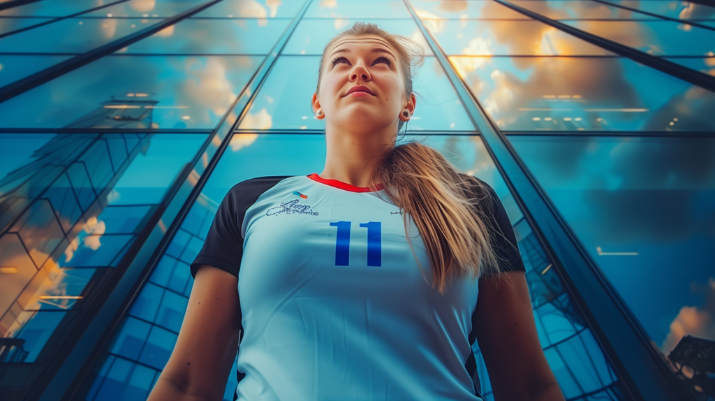 karin palgutova looking up at LOVB building, glass skyscraper