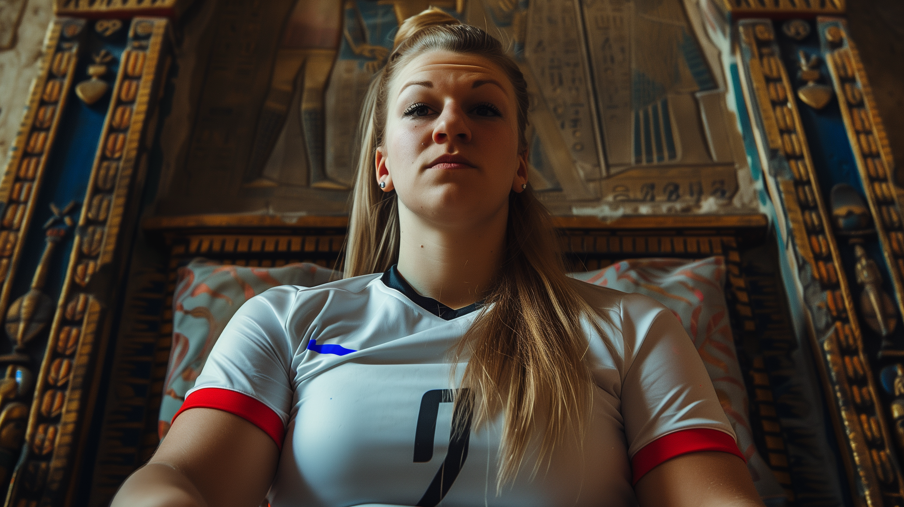 Karin LOVB sitting in Egyptian throne, queen of LOVB