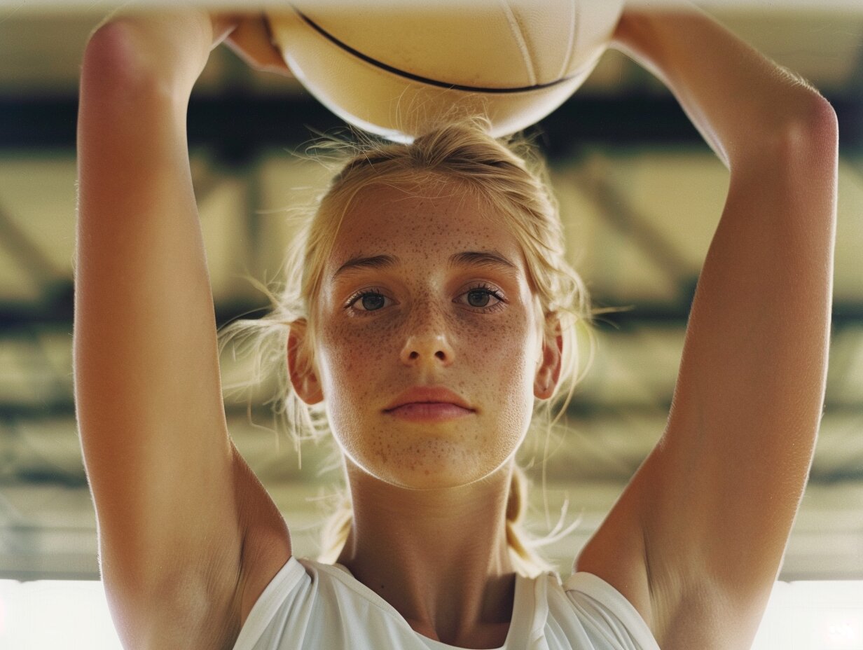 libero vs ds, with young volleyball female holding ball over head