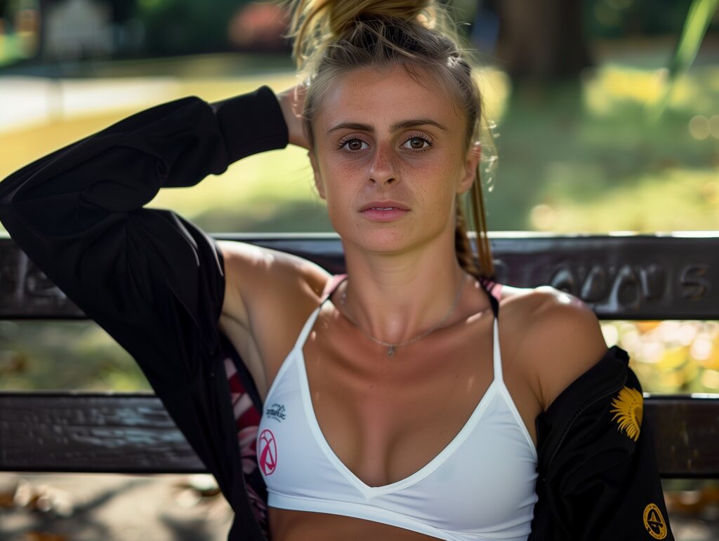 Marta Bechis in loose black jacket, sunny park, white bikini top