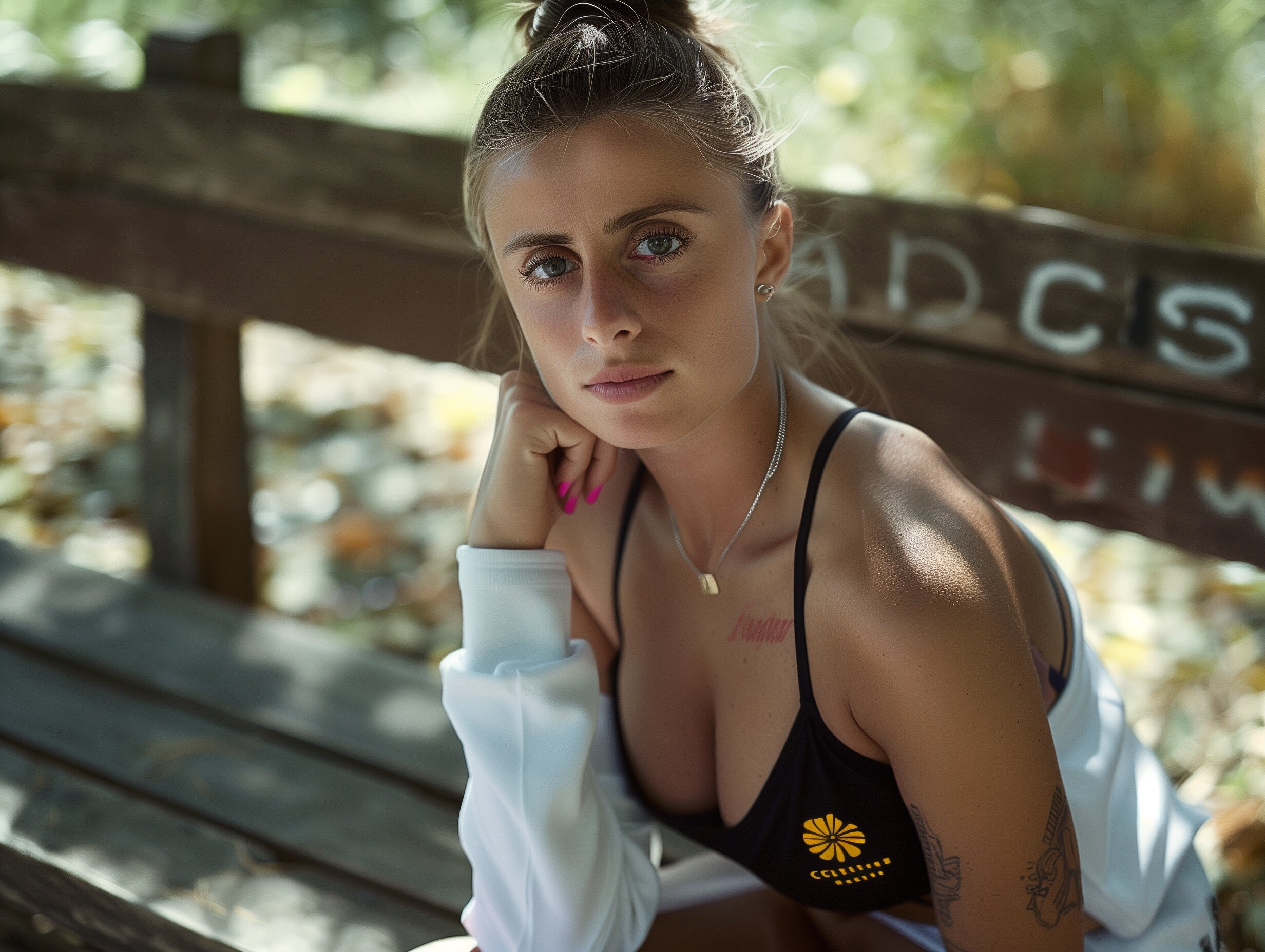 marta bechis on park bench, graffiti, autumn day