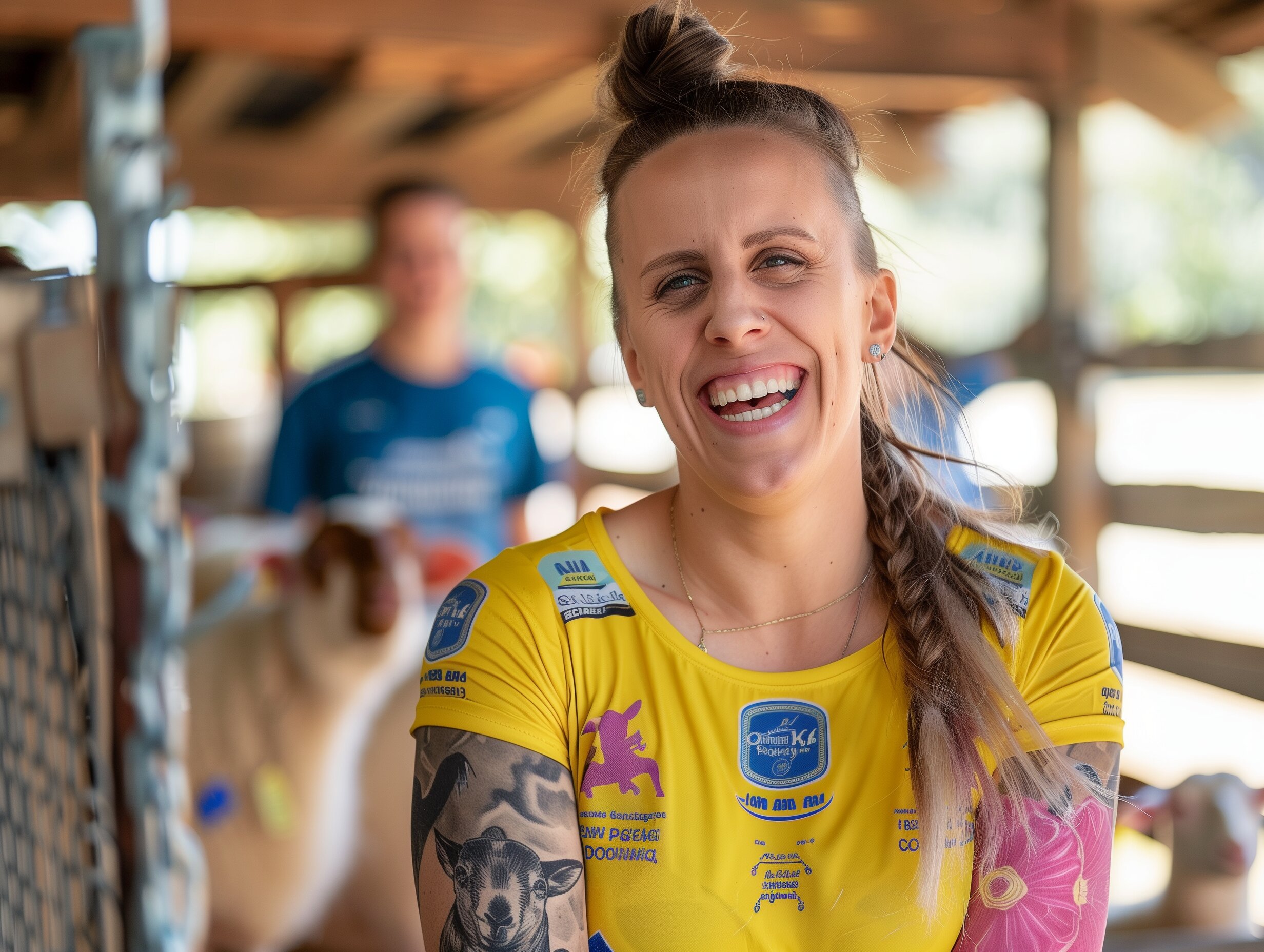 Mckenzie adams in LOVB yellow uniform at goat petting zoo