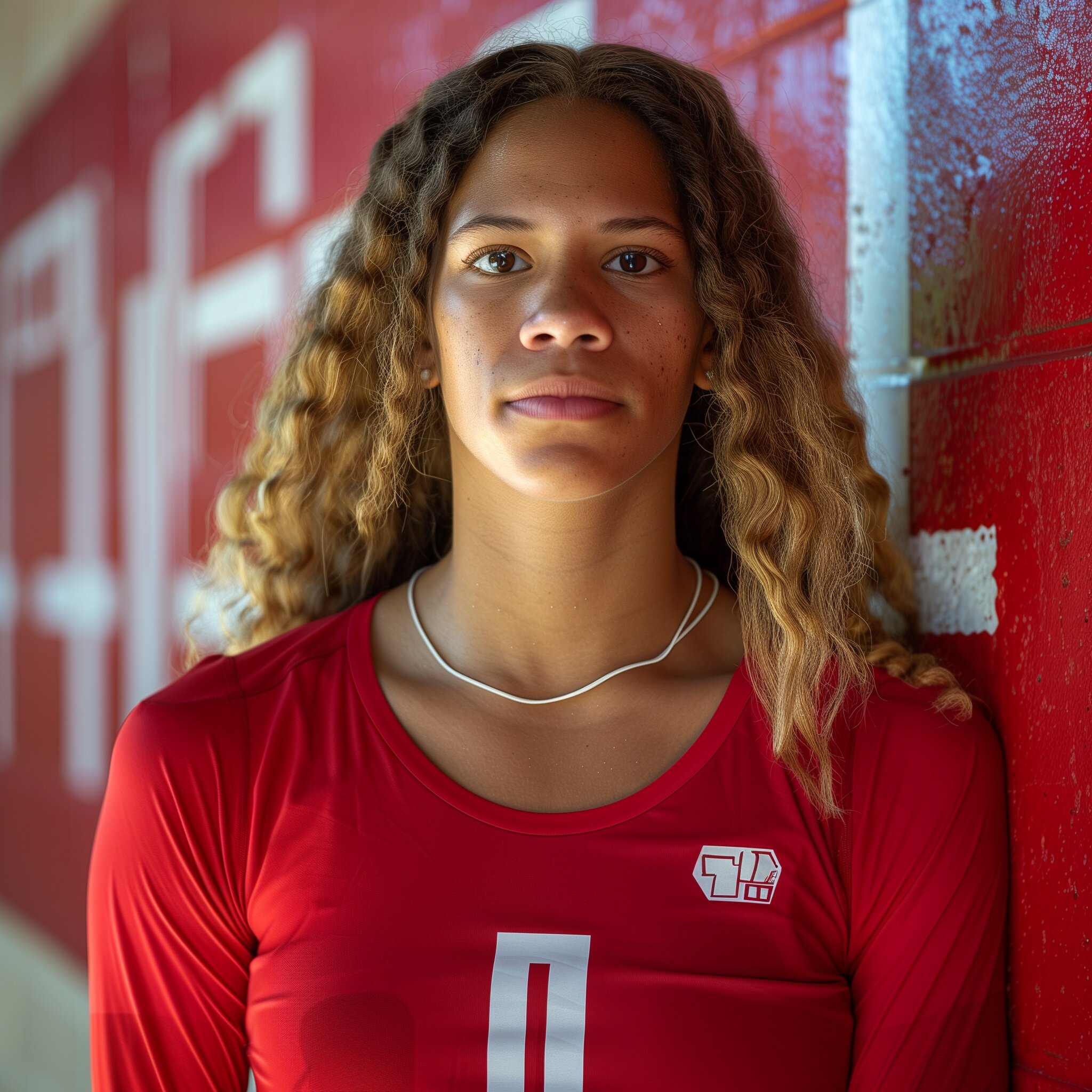 Skylar Pierce in red jersey along nebraska husker wall