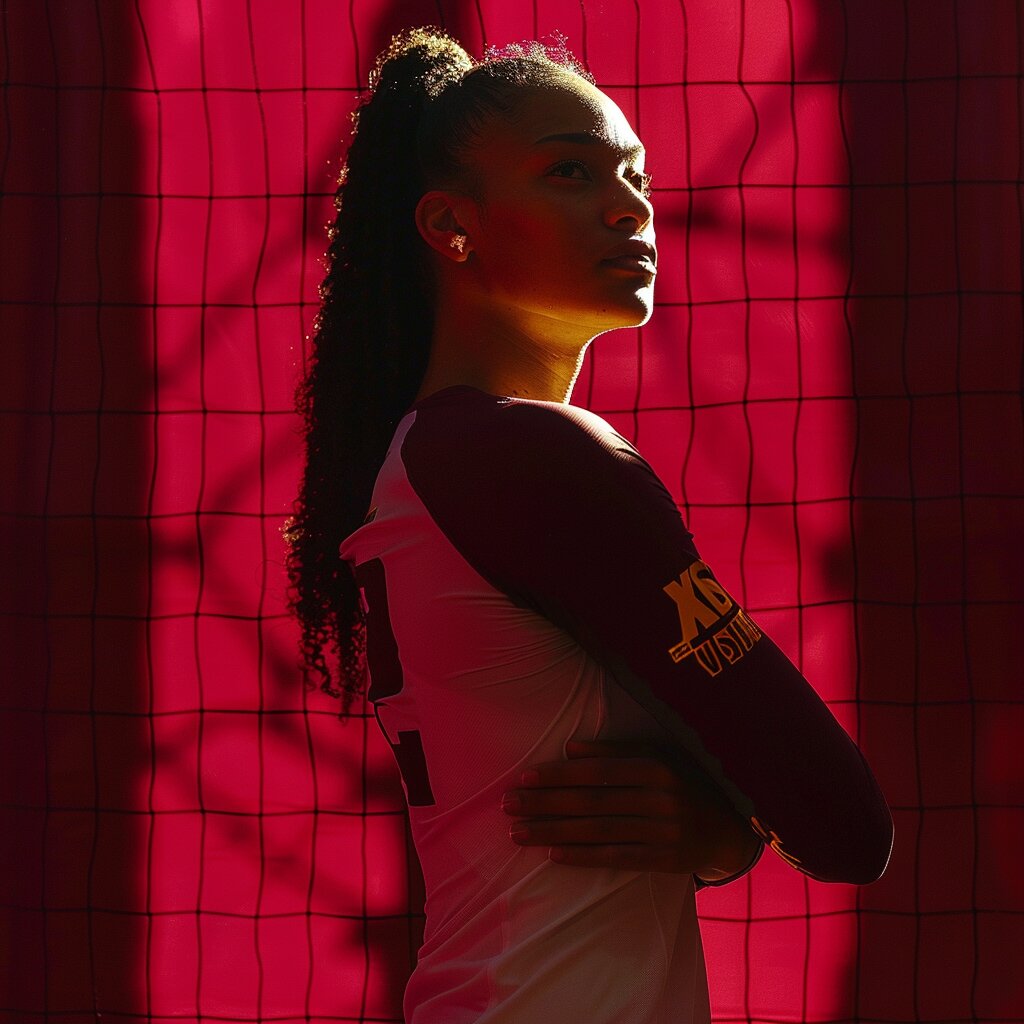 Taylor Landfair volleyball room , sideways, arms crossed