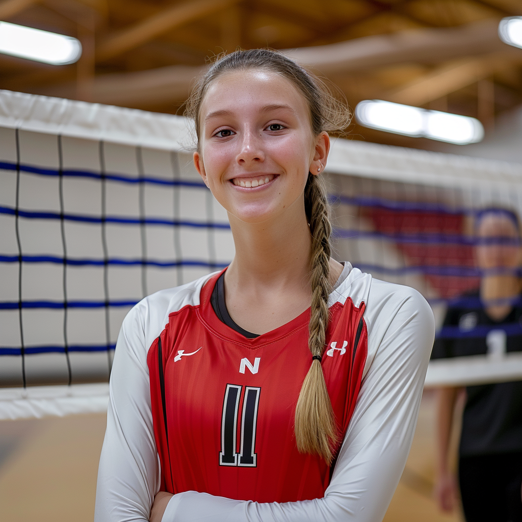 addison horner, volleyball commit to wisconsin ,red uniform, addy horner, coach behind net