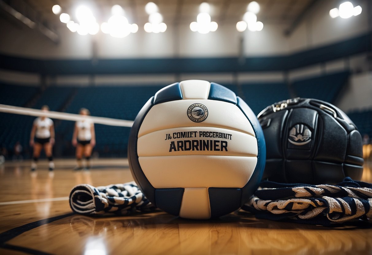 A volleyball with "Recruitment and Commitment Addison Horner" written on it, surrounded by volleyball gear and a banner with the team's logo