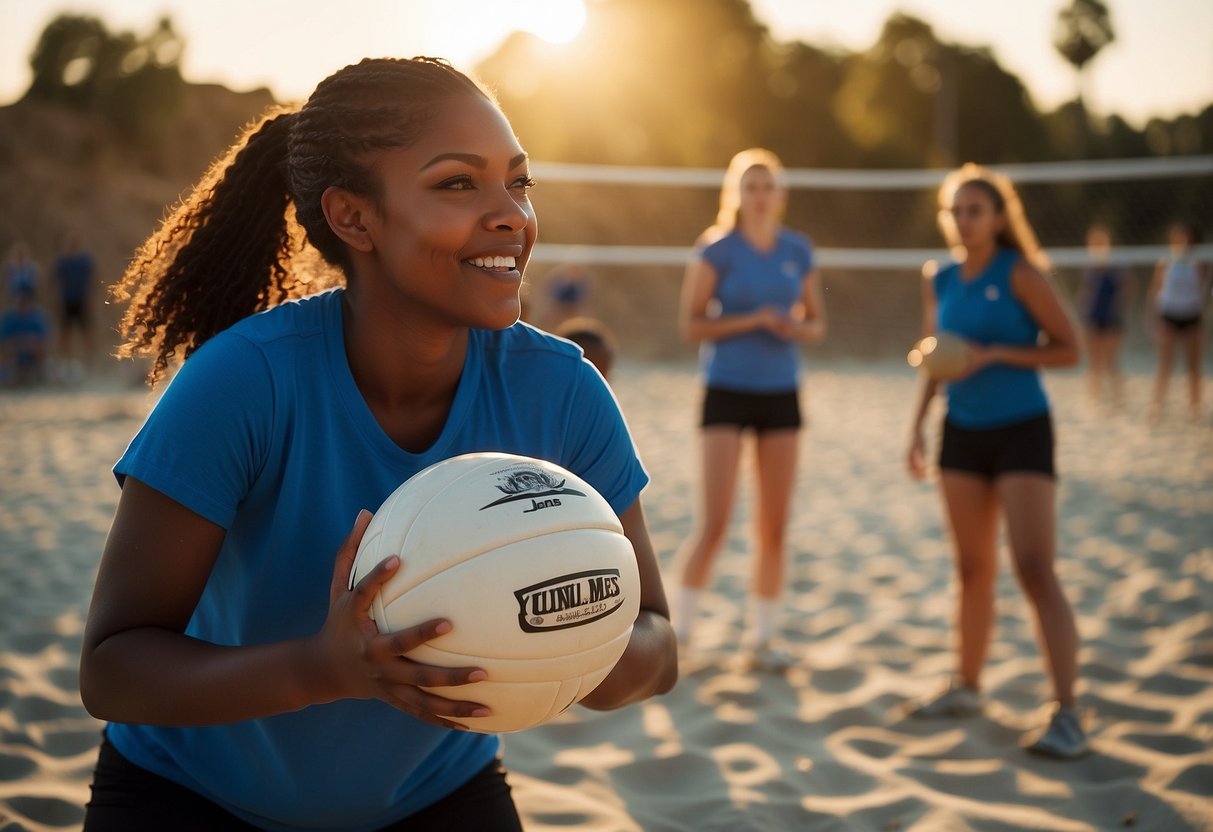 A young Renee Jones practices volleyball on a sandy court, surrounded by supportive teammates and coaches. The sun sets in the background, casting a warm glow over the scene