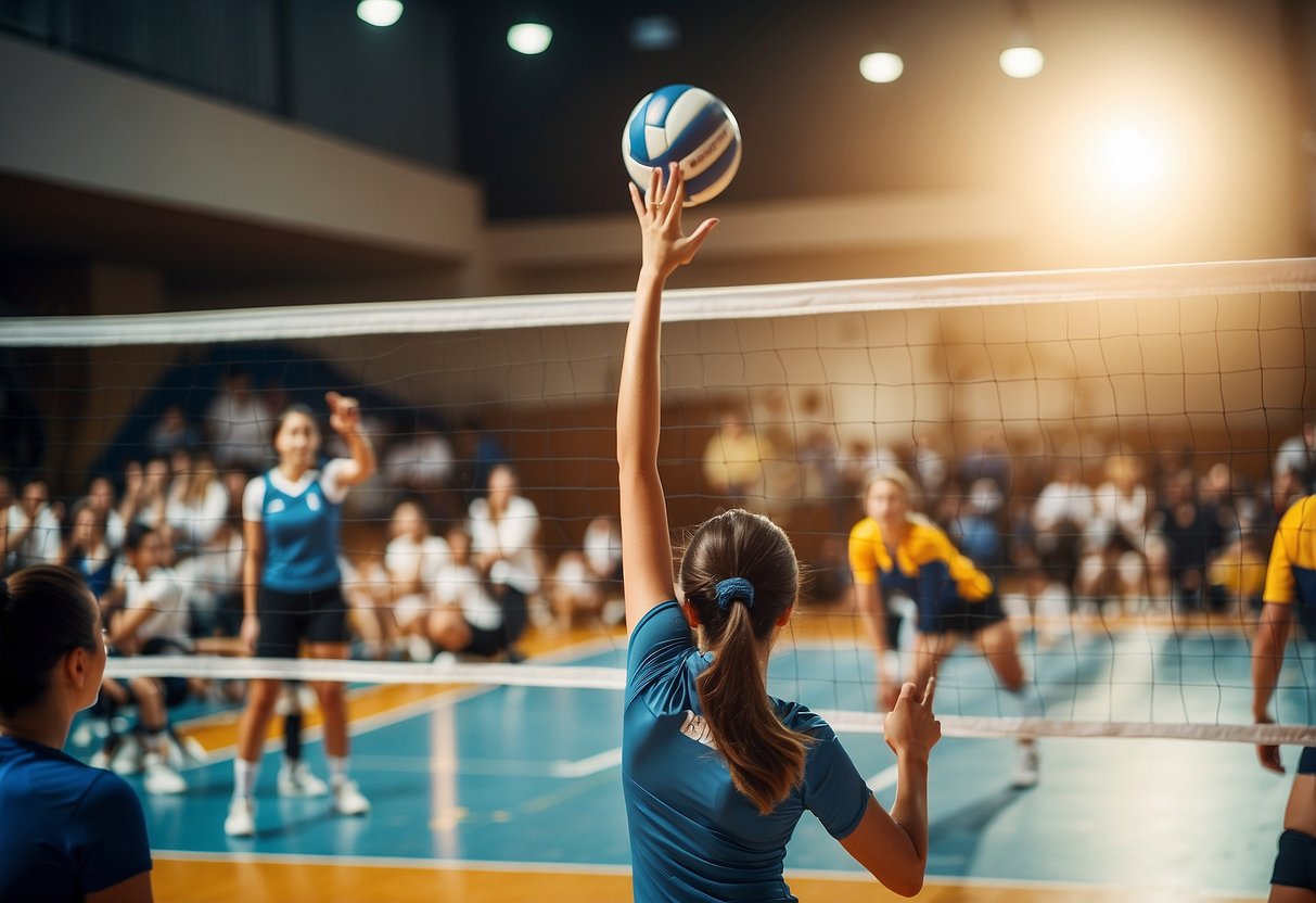 Volleyball court with net, players in action, cheering crowd, coach giving instructions