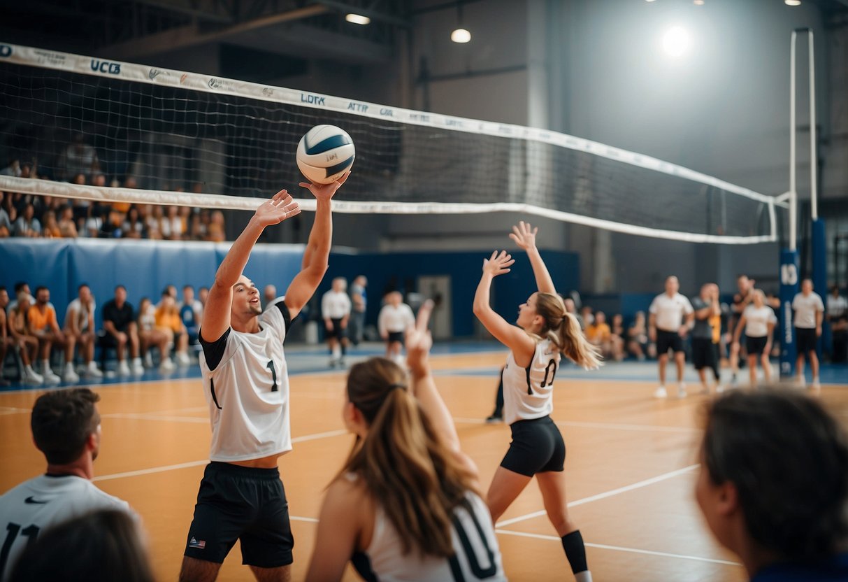 Players diving for the ball in a crowded volleyball court, with the net in the background and the coach cheering from the sidelines