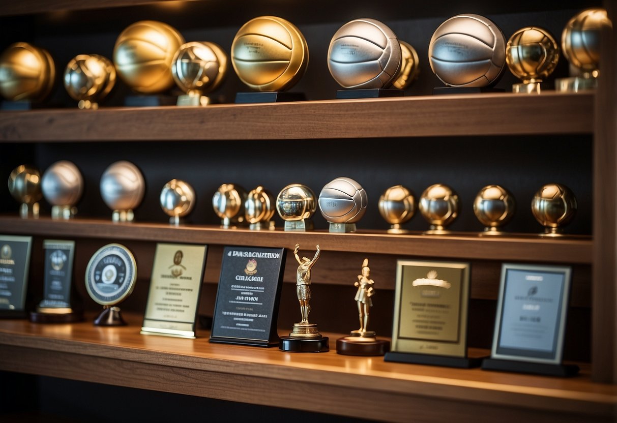 Volleyball awards displayed on a shelf with trophies, medals, and certificates