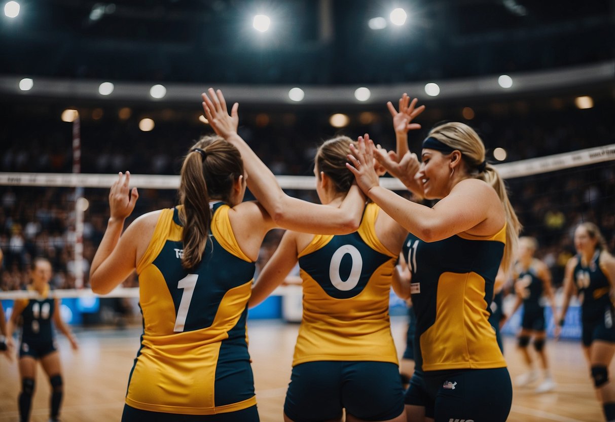 Volleyball players celebrate a point, showing teamwork and camaraderie
