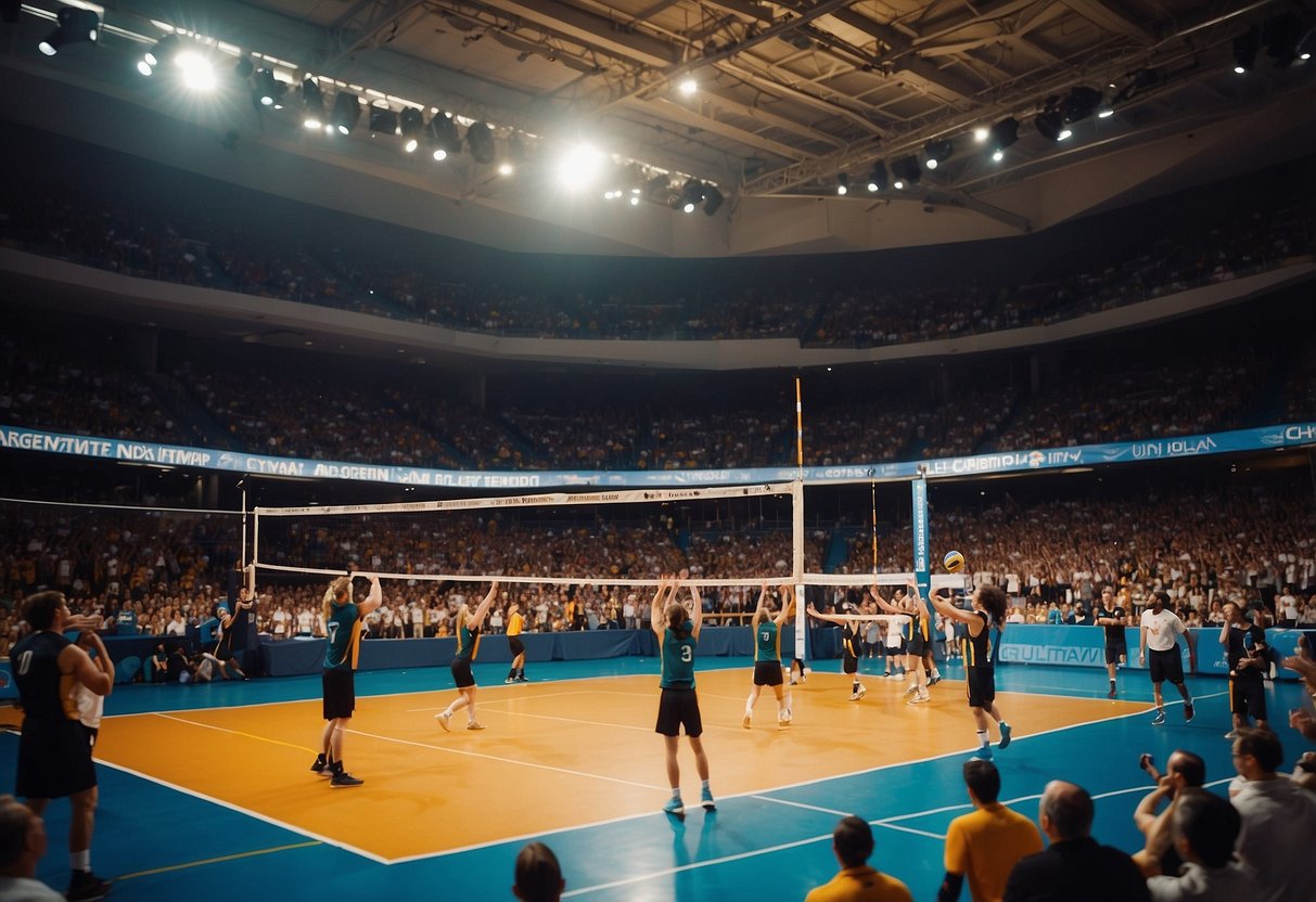 A volleyball court with championship banners hanging, players celebrating, and a crowd cheering