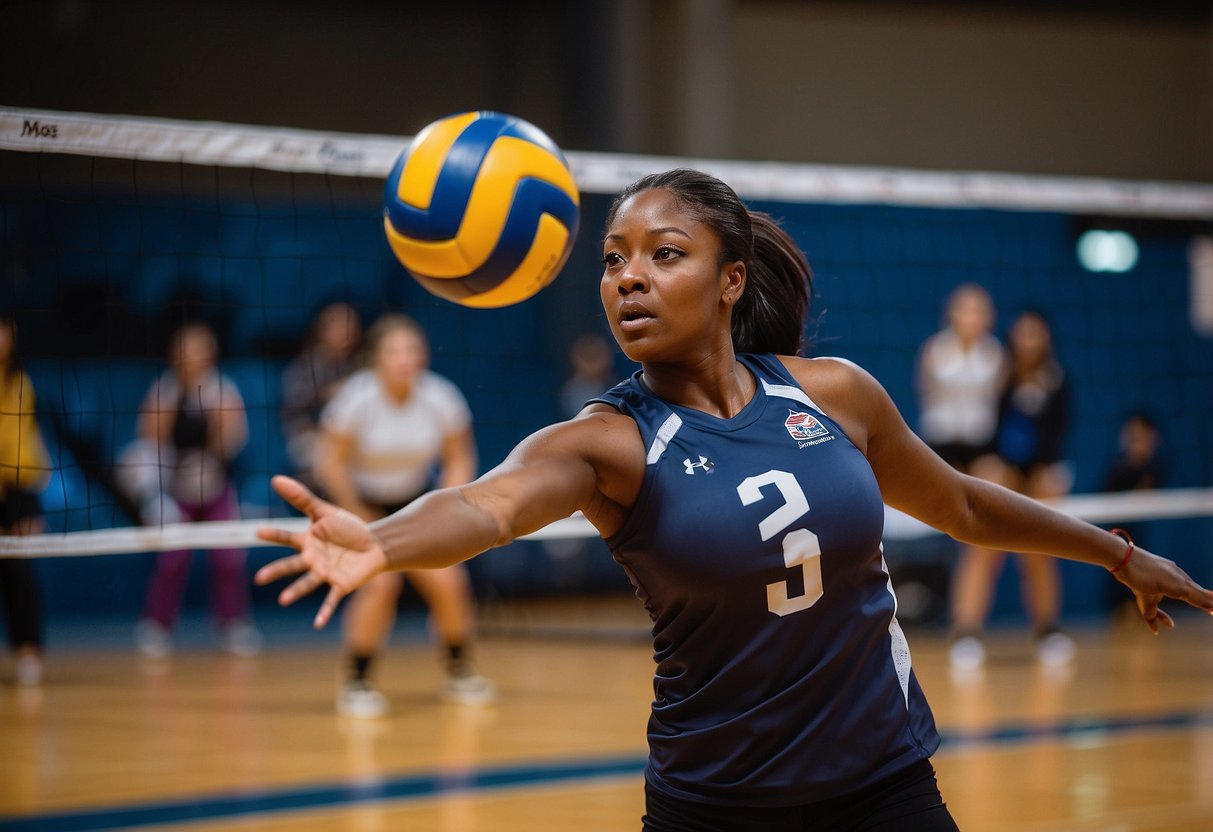 Suli Davis serves the volleyball over the net with precision and power. The ball sails through the air, leaving a trail of motion behind it