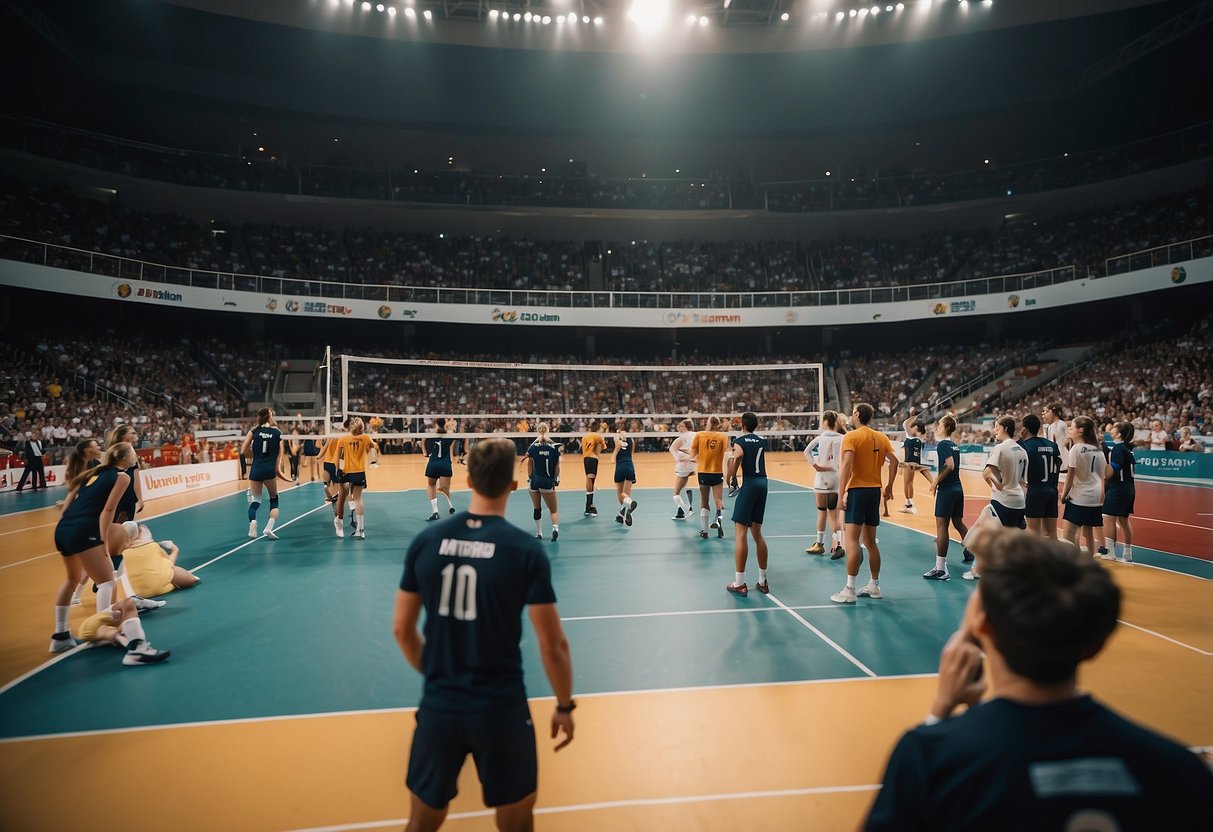 A volleyball court with national team players in action, surrounded by cheering fans and coaches