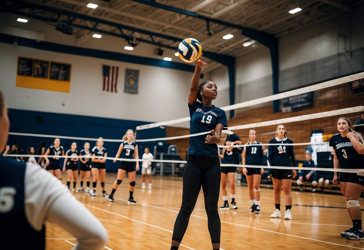 Volleyball net, college banners, coach with clipboard, excited players, Suli Davis in action, recruiters watching, gymnasium atmosphere