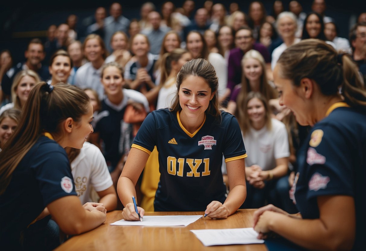 Liliana Brisco signs volleyball commitment letter, surrounded by cheering teammates and coaches