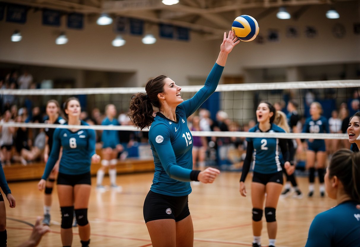 Liliana Brisco spikes the volleyball over the net, her teammates cheering in the background. The gym is filled with the sound of sneakers squeaking on the floor and the crowd's excited chatter