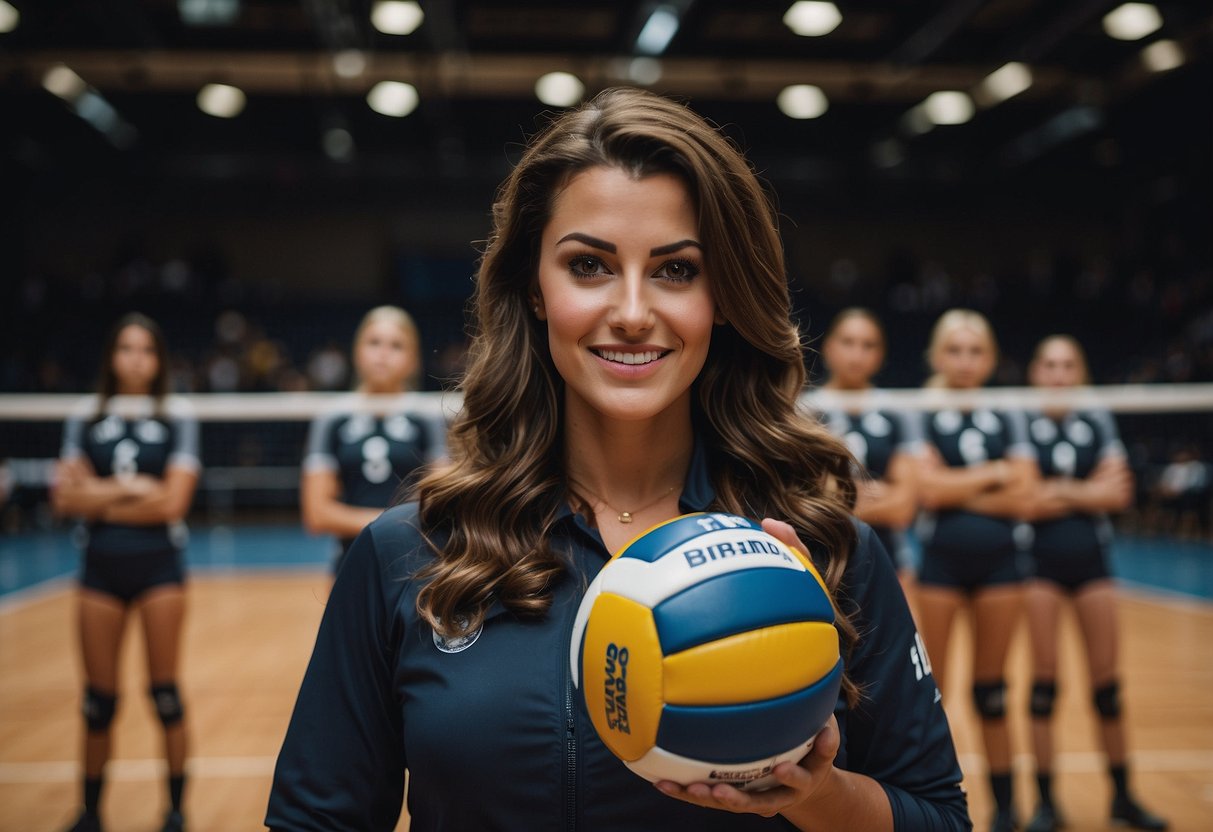 Liliana Brisco stands tall on the volleyball court, surrounded by eager recruits. Bright lights illuminate the future prospects ahead