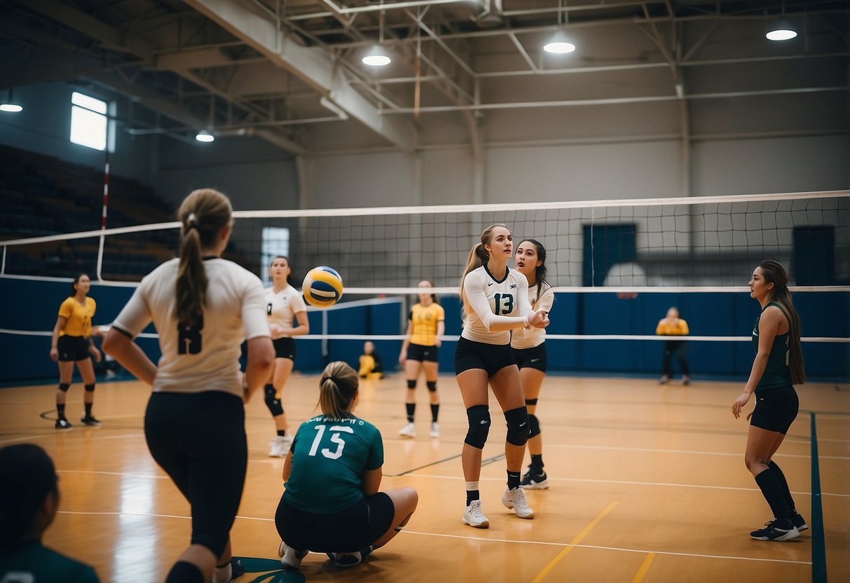 Sophie bridges volleyball in a gym, surrounded by equipment and players