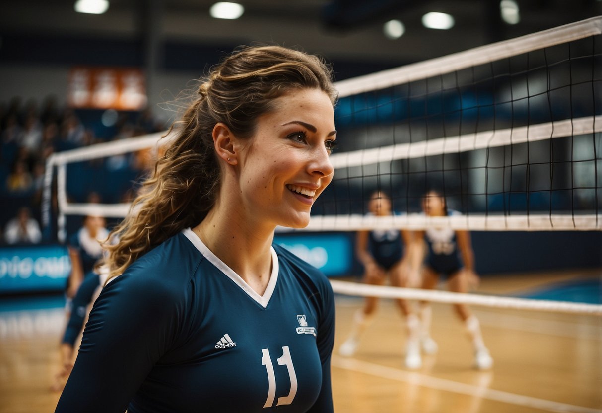 Sophie Bridges spikes the volleyball over the net, while her teammates cheer in the background