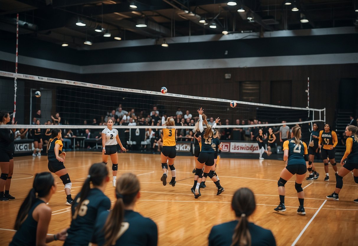Volleyball net with Texas Advantage Volleyball Club logo, surrounded by players in motion