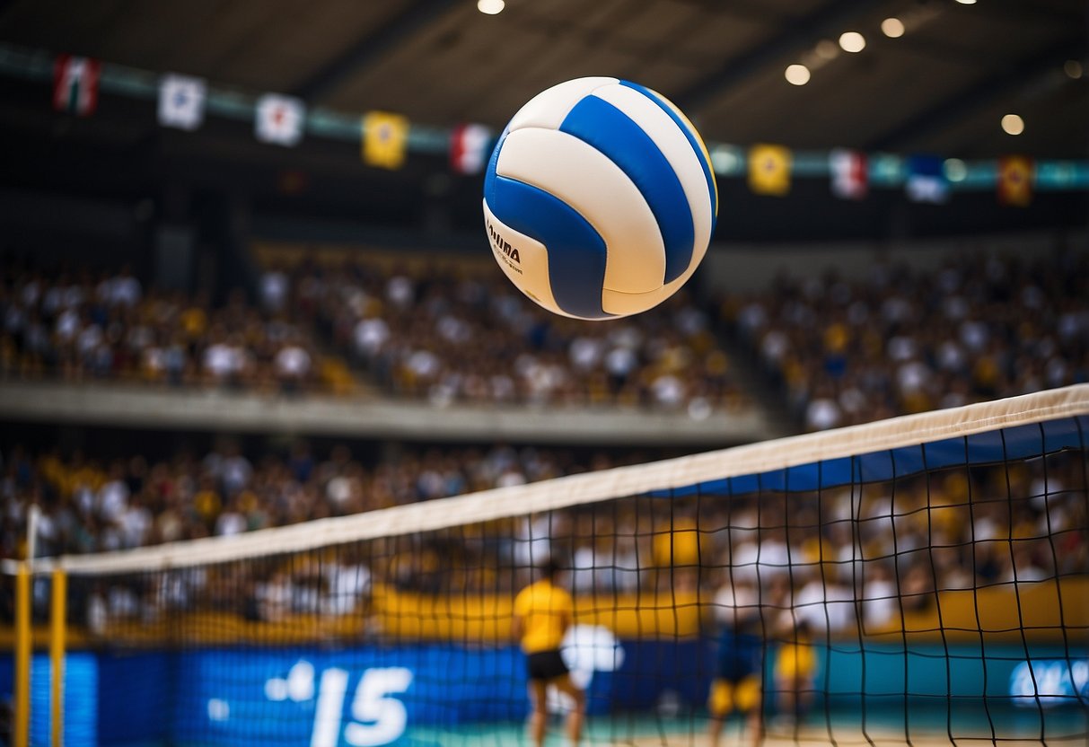 A volleyball soaring over a net in an international stadium, with cheering fans and flags from different countries in the background