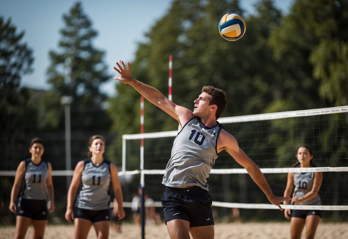 Logan Parks spikes the volleyball over the net, showcasing his powerful and accurate hits. His agility and quick reflexes make him a formidable player on the court