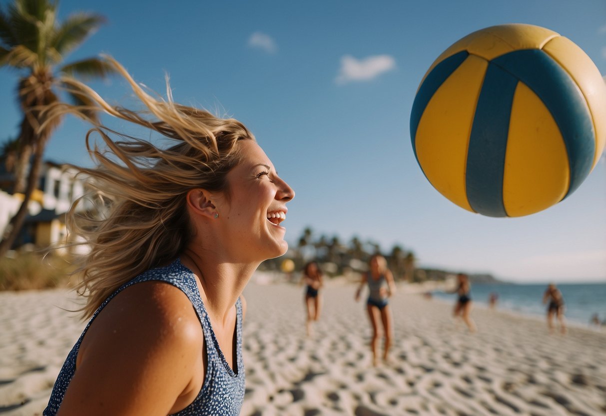 Natalie Wardlow plays volleyball with friends at a beach, laughing and diving for the ball under a bright, sunny sky